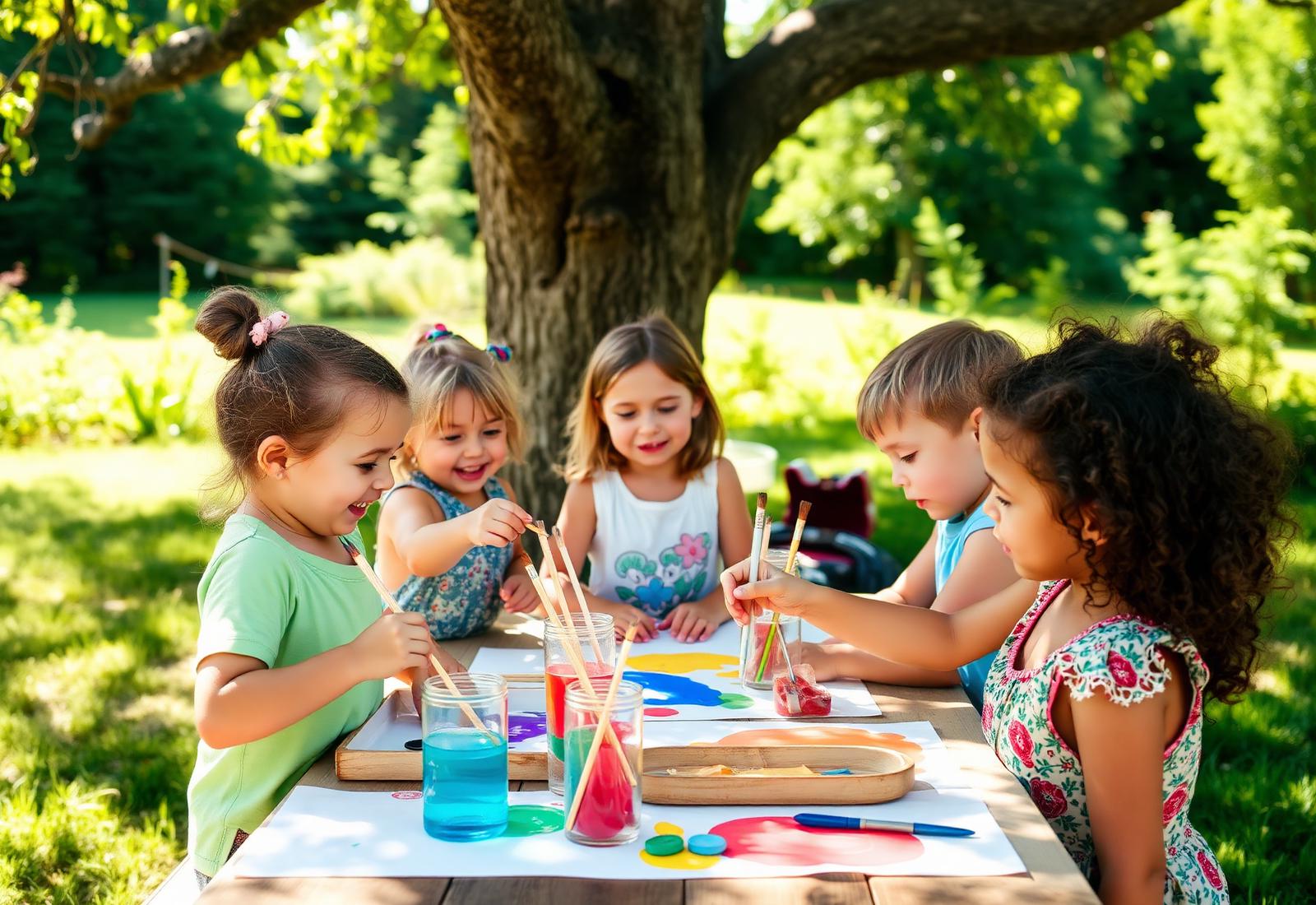 Children doing art outdoors at summer camp